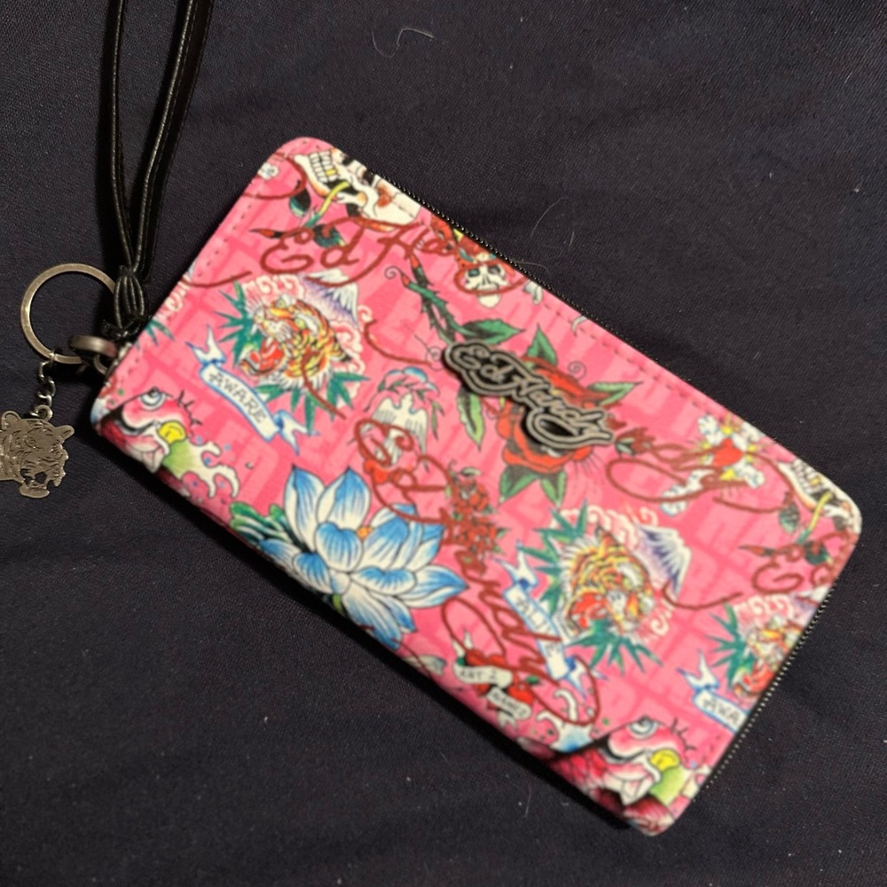 Ed Hardy Pink and Blue Floral Women's Wallet with Tiger